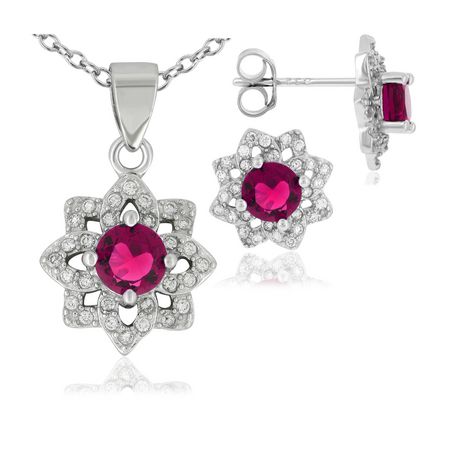 Pure - Women's Fancy Flower Pink CZ Pendant and Earring Set set in ...