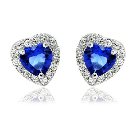 Pure - Women's Sapphire Heart Shaped CZ Stud Earrings set in Sterling ...