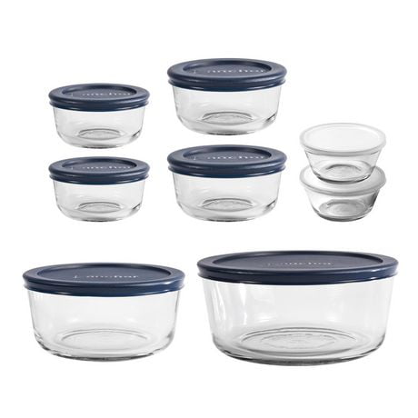 Anchor Hocking 16pc Round Glass Food Storage Box Set with Navy lids, 16pc Round Glass Food Storage with Navy lids