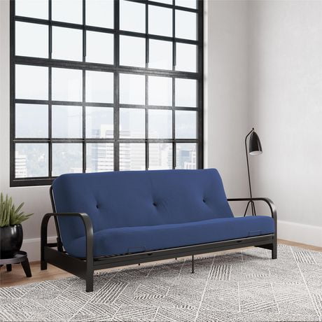 Cleo Black Metal Arm Full Size Futon Frame with 6” Thermobonded High Density Polyester Fill Mattress