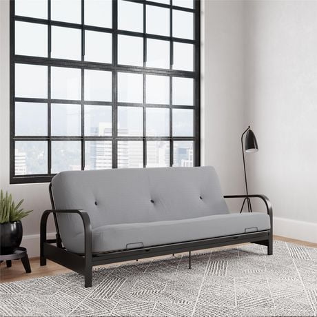 Cleo Black Metal Arm Full Size Futon Frame with 6” Thermobonded High Density Polyester Fill Mattress