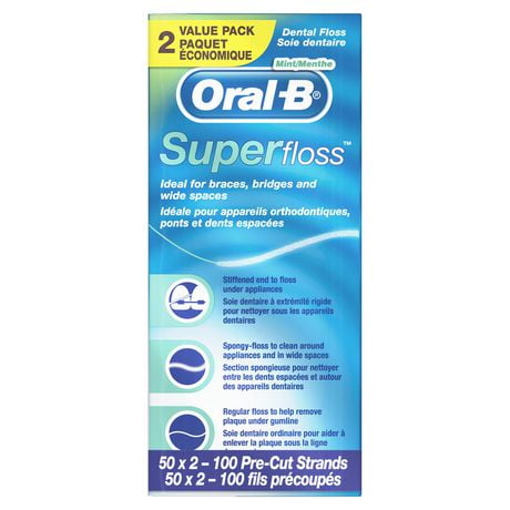 Soie dentaire Oral-B Super Floss, longueurs coupées, menthe 50 unités, emballage de 2