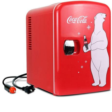 Coca-Cola Portable 6 Can Thermoelectric Mini Fridge Cooler/Warmer, 4 L/4.2 qt, 12V DC/110V AC for home, dorm, car, boat, beverages, snacks, skincare, cosmetics, medication