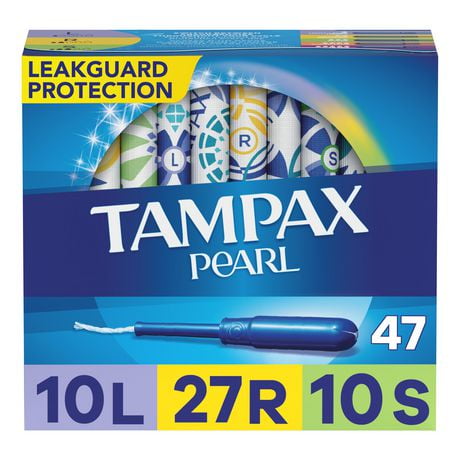 Tampons Tampax Pearl avec tresse anti-fuites LeakGuard, degré d’absorption léger/régulier/super, emballage triple, non parfumés 47&nbsp;tampons