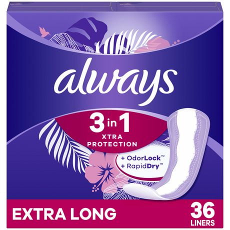 Always Xtra Protection 3-in-1 Daily Liners for Women, Extra Long Length, Scented, 36CT