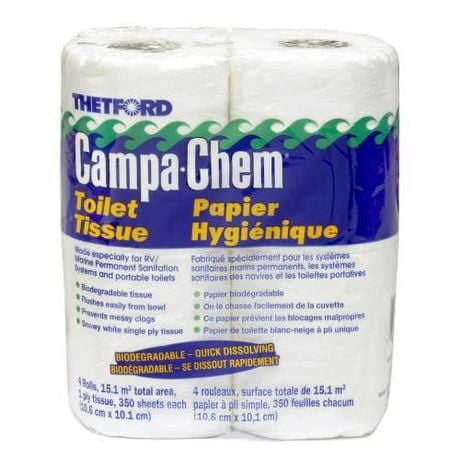 Campa-Chem Toilet Tissue - Toilet Paper for RV and marine - 1-ply - 4 rolls - Thetford 24617, Toilet paper for RV and marine use