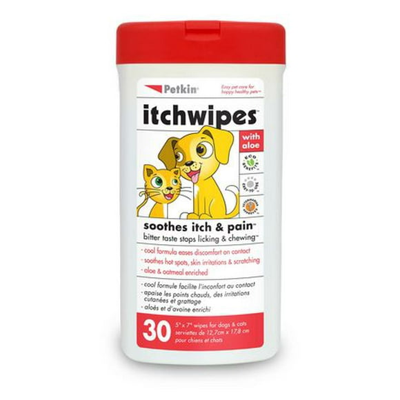 Itchwipes - 30 unités Calme les douleurs et démangeaisons. Empêche votre animal de se lécher.