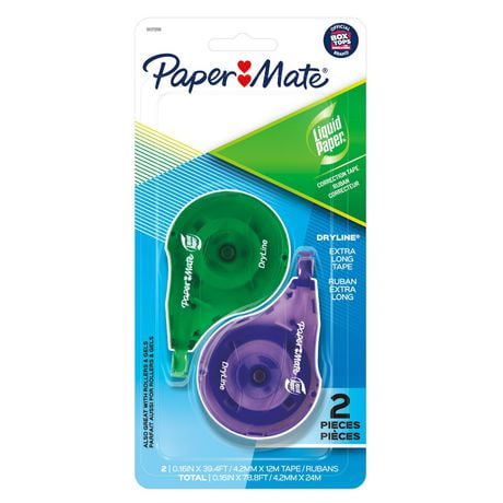 Ruban correcteur pour papier liquide DryLine de Paper Mate, extra long, distributeur vert/violet 2 pièces