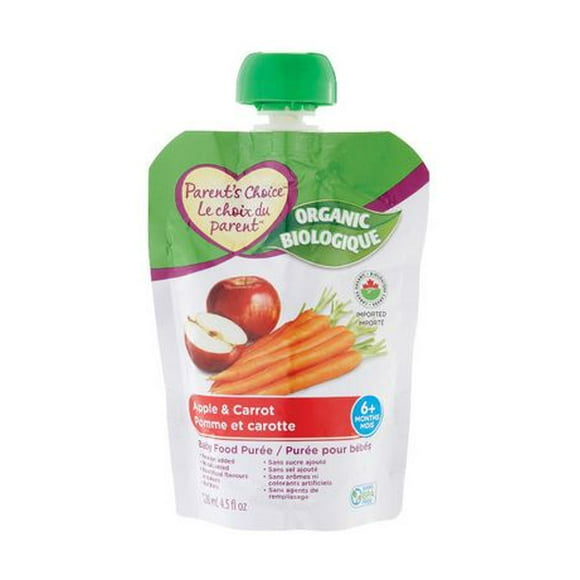 Purée biologique pour bébé Le Choix du Parent à saveur de pomme et carotte 128 ml