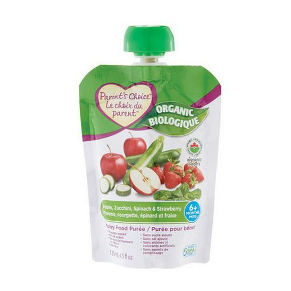 Purée biologique pour bébé Le Choix du Parent à saveur de pomme, épinard, courgette et fraise 128 ml