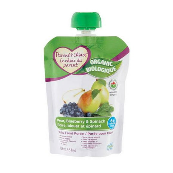 Parent's Choice Organic Pear, Blueberry & Spinach Baby Food Purée, 128 mL