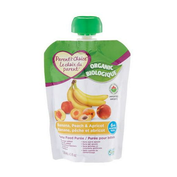 Purée biologique pour bébé Le Choix du Parent à saveur de banane, pêche et abricot 128 ml