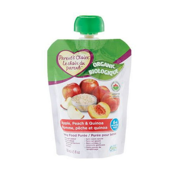 Purée biologique pour bébé Le Choix du Parent à saveur de pomme, pêche et quinoa 128 ml