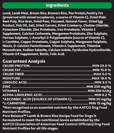 pure balance lamb and rice ingredients