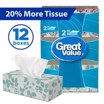 Great Value, Facial Tissues, 12 flat boxes, 126 tissues per box