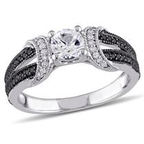 Asteria 0.63 Carat T.G.W. Created White Sapphire and 0.25 Carat T.W. Black and White Diamond Sterling Silver Engagement Ring