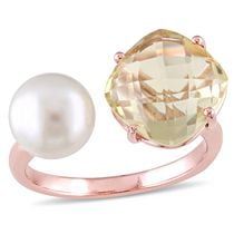 Bague à bouts ouverts Tangelo avec perle blanche d'eau douce cultivée ronde de 8 à 8,5 mm et quartz citron 0,75 ct PBT en argent sterling plaqué de rhodium rose