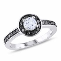 Miadora 0.50 Carat T.G.W. Created White Sapphire and 0.25 Carat T.W. Black Diamond 10 K White Gold Halo Engagement Ring