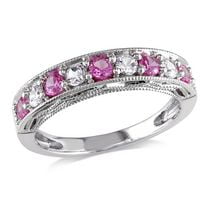 Bague semi-éternité Tangelo avec 0.88 carat de saphir rose et blanc synthétique en argent sterling