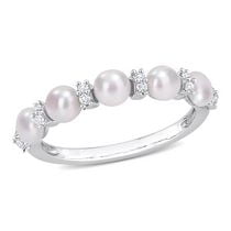 Miabella Freshwater Cultured Pearl and 1/8 Carat T.G.W. White Topaz Sterling Silver Anniversary Ring