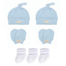 Juddlies Designs - Fleck Collection - Bonnet noué pour nouveau-né pour bébé garçon, ensemble de gants et chaussettes à gratter, cadeau de naissance - Bleu