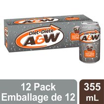 Caisse de 12 canettes de Root Beer A&WTM diète de 355 ml