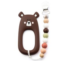 Little Cheeks - Baby, Infant - Bear Silicone Teether and Pacifier Clip -Brown