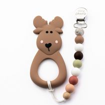 Little Cheeks - Baby, Infant - Moose Silicone Teether and Pacifier Clip - Brown