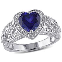 Tangelo 2-1/4 Carat T.G.W. Created Blue Sapphire and 1/10 Carat T.W. Diamond Sterling Silver Halo Heart Ring
