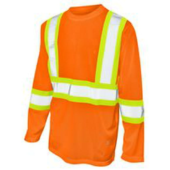 TOUGH DUCK LONG SLEEVE SAFETY T-SHIRT WITH 2" REFLECTIVE TAPE AND 4" CONTRAST BACKING.