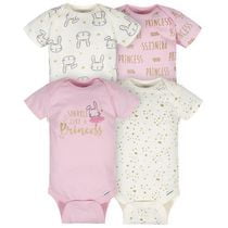 Gerber Baby Girls' 4-pack Short Sleeve Onesies Bodysuits Pink Bunnies and Princess