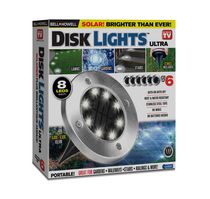 Bell + Howell Disk Lights Silver - Lampes solaires d'extérieur robustes - Marche / Arrêt automatique, résistantes à l'eau, avec piquets inclus, pour jardin, cour, patio et pelouse - 8 LED (paquet de 6)