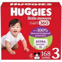 Huggies Little Movers HuggFit 360° Baby Diapers with 360° Waistband, Size 3-7 (16-41+ lbs), 168-88 Count