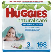 Lingettes pour bébés HUGGIES One and Done rafraîchissantes, emballages souples jetables (emballage de 3, total de 168 feuilles), parfumées, sans alcool, hypoallergéniques