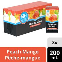 Boisson Minute Maid Pêche-mangue sans sucre ajouté, boîte à boire de 200 ml, paquet de 8