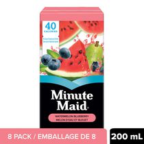 Jus melon d’eau bleuets Minute Maid sans sucre ajouté, boîte à boire de 200 ml, paquet de 8
