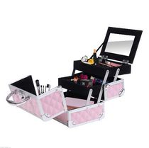 HOMCOM Organisateur cosmétique de caisse de maquillage à texture de diamant à 3 niveaux avec miroir, rose