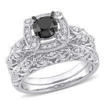Miabella 1-1/6 Carat T.W. Black and White Diamond Sterling Silver Halo Filigree Bridal Set