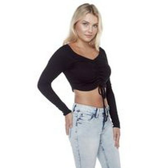 Jeaniologie ™  femme Top à manches longues côtelées et froncées - Noir