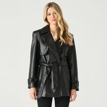 Devoted long sleeve belted faux leather coat