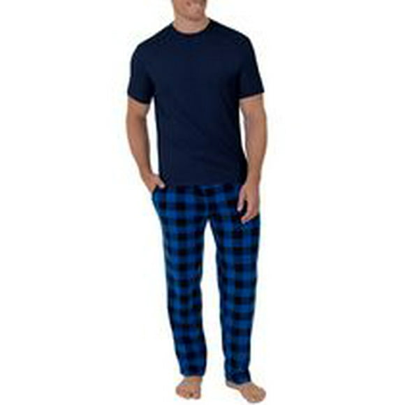 Fruit of the Loom Men's Sleep Set Crew Neck Top and Fleece Pant 2 Piece Pajama Set Blue