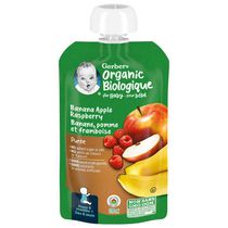 Purée GERBER Biologique Banane Pomme Framboise pour bébés, 128 ml