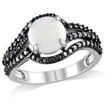 Asteria 1-1/4 Carat T.G.W. Opal And 1/10 Carat T.W. Black Diamond Sterling Silver Cocktail Bypass Ring
