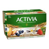 Activia Yogourt probiotique et fibres, 3x céréales à la vanille, 3x céréales à la pêche, 3x céréales aux bleuets, 3x céréales à la fraise et au kiwi, (emballage de 12)