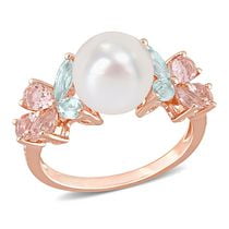 Miabella Freshwater Cultured Pearl 1-2/5 Carat T.G.W. Morganite Aquamarine and White Topaz 18K Rose Gold Plated Silver Cluster Floral Ring
