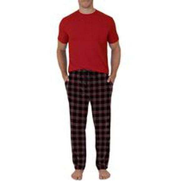 Fruit of the Loom Men's Sleep Set Crew Neck Top and Fleece Pant 2 Piece Pajama Set Red