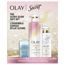 The Olay Ultra Glow Gift Set with Body Wash 530 mL, Liquid Hand Soap 300 mL, Antiperspirant 14 g