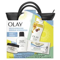 Olay Hello Hydration Gift Set,  Face Moisturizer 120 mL, Night Cream 56 mL, Makeup Remover Wipes 25 ct, Body Wash 364 mL, Tote bag