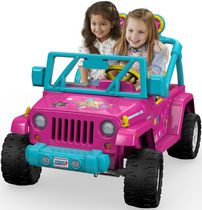 Jouet véhicule motorisé Jeep Wrangler Power Wheels à graphismes Barbie en rose et bleu