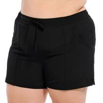 Krista Plus Women's Black High-Waist Tactel Drawstring Swim Shorts Bottom